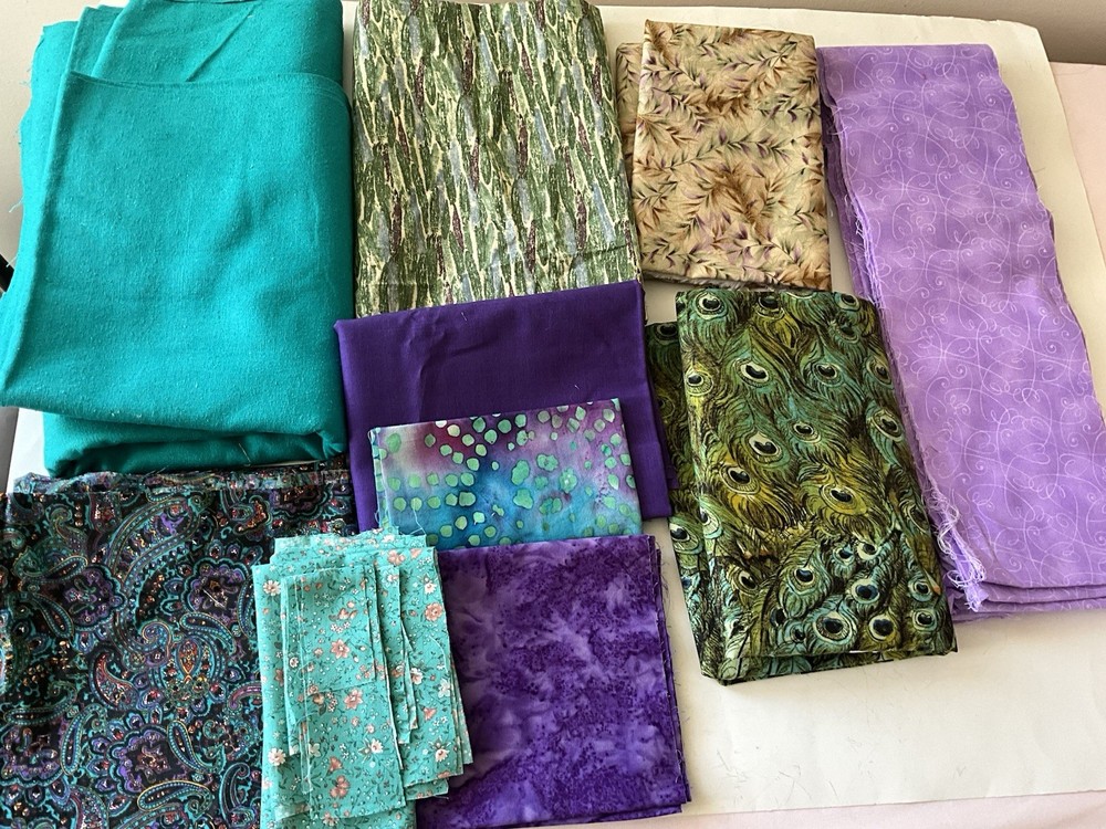 Quilting Sewing Crafts Fabric Lot Green Purple Teal Floral Paisley Solid