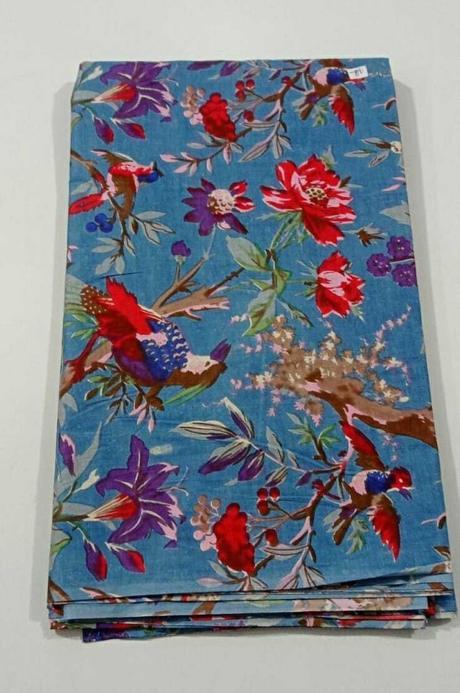 Indian 5 Yard Cotton Handcrafted Hand Block Animal Bird Print Multicolor Fabric
