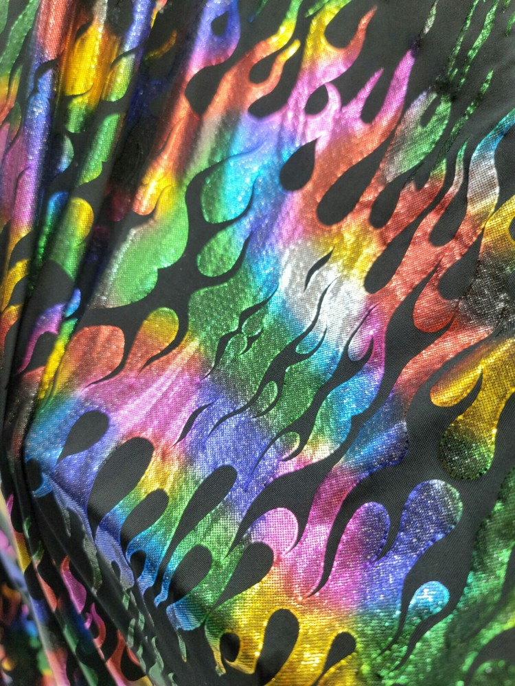 Multicolor Fire Print Foil Metallic Flames Spandex Fabric By The Yard Stretch