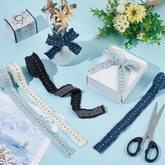 4 Rolls Denim Ribbon 7.7 Yards Fabric Rivets Fringes Frayed Cotton Strips