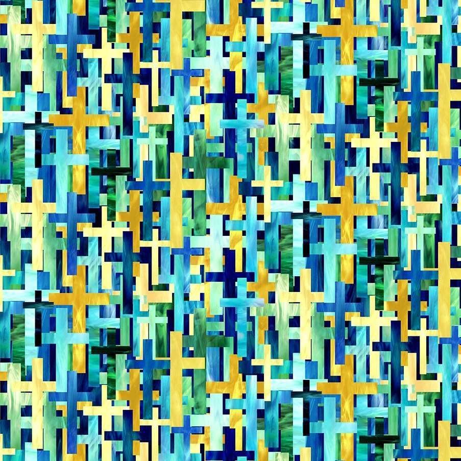 Northcott – Risen – Large Packed Crosses – Blue/Multi, Fabric BTY