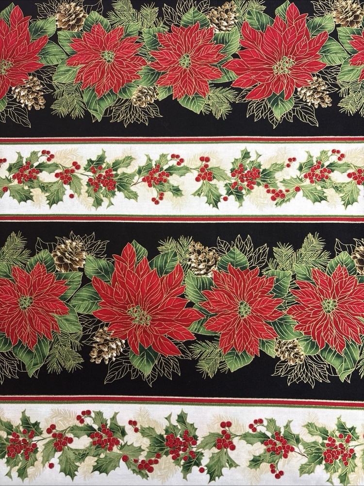 Christmas Poinsettia Border Fabric By Yard Cotton Timeless Treasures CM7060