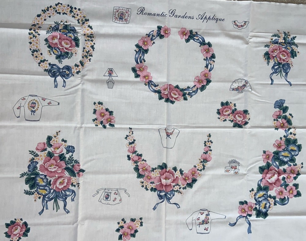 Fabric Panel Romantic Gardens Appliqués Multicolor , floral, Cottage Core