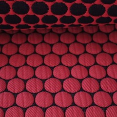 Vtg Retro MCM Designtex Upholstery Fabric “Loop to Loop” Red, Black Dots 7.5 yds