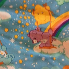 Care Bears Cartoon Print Fabric Blue Rainbow Clouds 44″ W x 89″ L NWOT Vintage