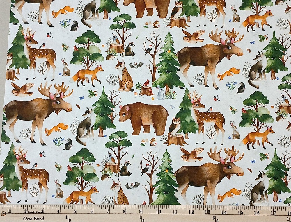 Cotton Who Lives in Woods Woodland Animals White Fabric Print by Yard D606.11