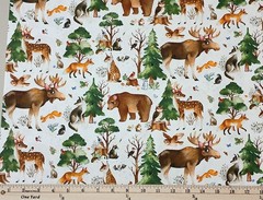 Cotton Who Lives in Woods Woodland Animals White Fabric Print by Yard D606.11