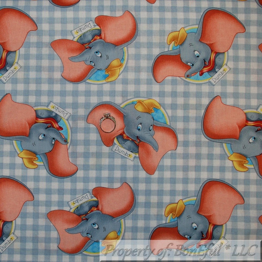 BonEful FABRIC FQ Cotton Quilt Gray White Gingham Check DUMBO Elephant Movie Kid