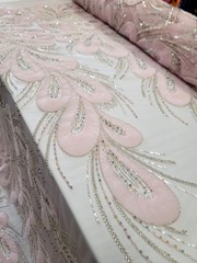 Floral 3D Lace Pink Embroidered Beaded Flowers Mesh Fabric Sold By The Yard Prom