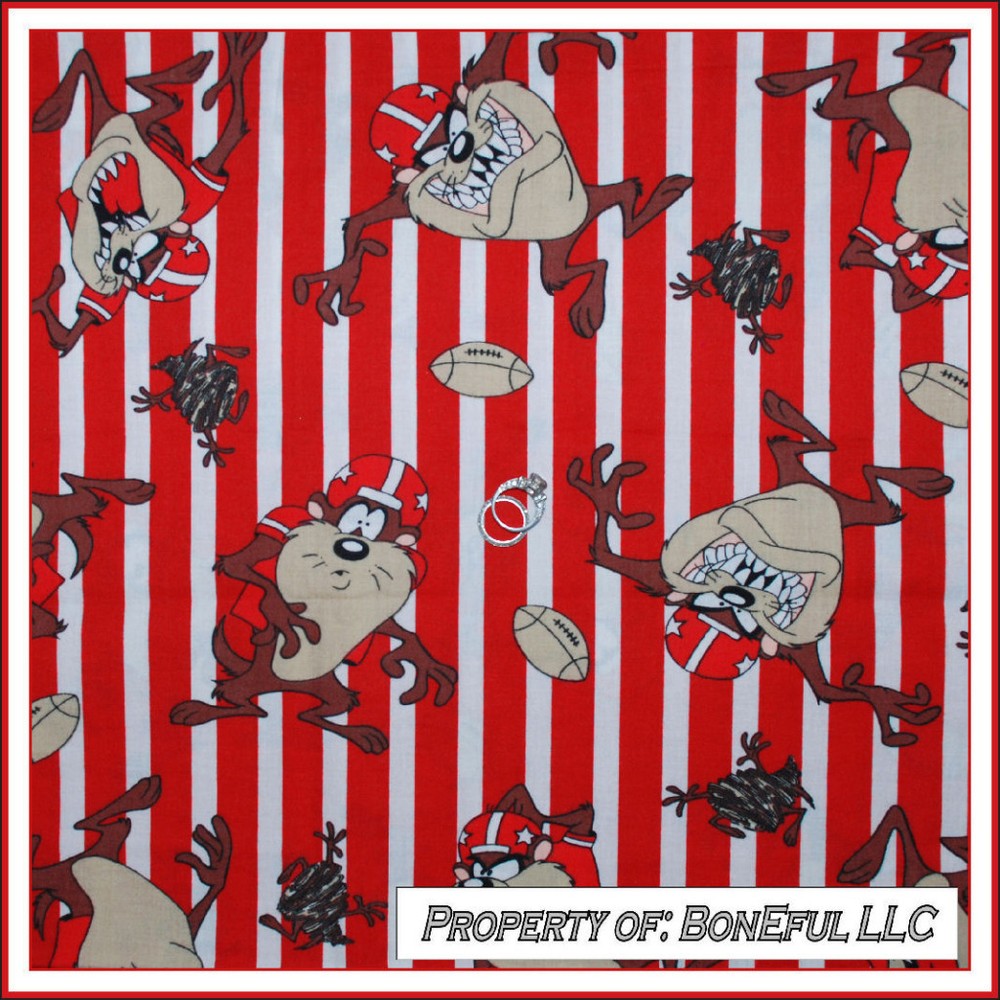 BonEful Fabric FQ Cotton VTG Taz Looney Tunes Red White Football Stripe OOP RARE