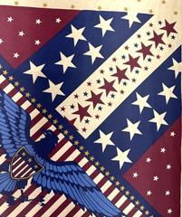 Patriotic United We Stand Red Tan Eagle Stars Stripes Fabric Panel 42″x23″ #69