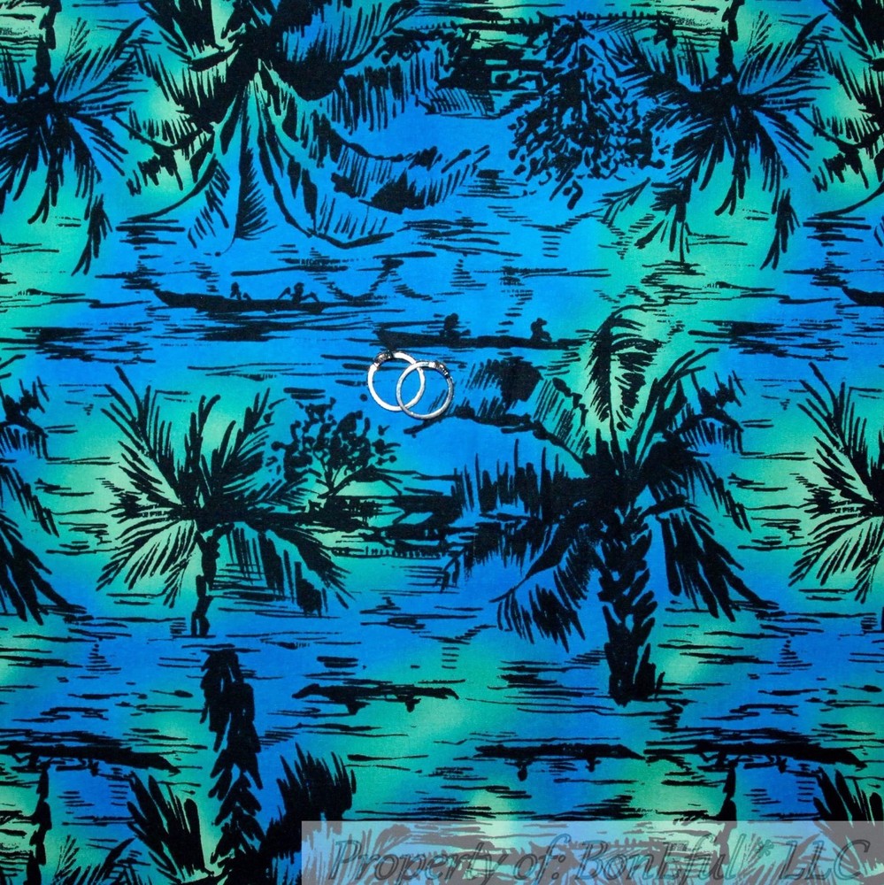 BonEful Fabric FQ Cotton Quilt Blue Black Green Palm Tree Tropical Island Boat L