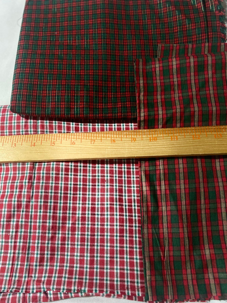 Lot of 3 woven cotton plaid remnants/green & red plaid checks(see listing )