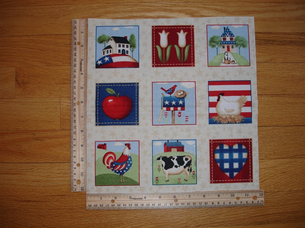 Americana Red White Blue Heart Rooster Cotton Quilt Fabric Panel Blocks (9)