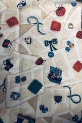 VTG Sewing Theme Sewing Machine Pins Buttons Thimble Needle Thread Bobbin BTFQ