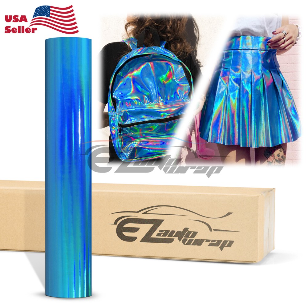 Fabric Holographic Sky Blue Cloth Vinyl Weave PU Faux Leather Iridescent Craft
