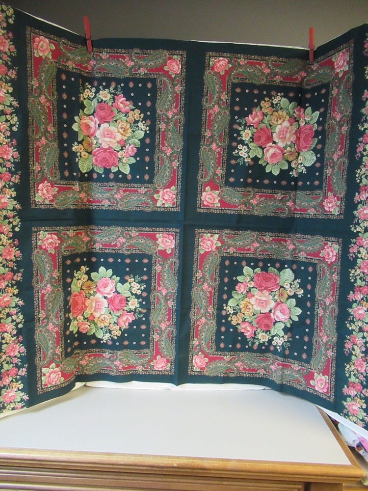VTG GREEN W/PINK FLORAL PAISERY Patchwork 4 PILLOW COTTON FABRIC PANEL NE