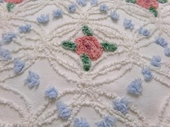 Pink Roses in Winter Vtg Chenille Bedspread Fabric Romantic Floral Dot 22″ x 20″