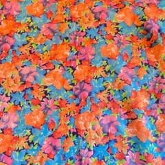 2.5 YD Vintage Impressionist Floral Fabric Cotton Orange Blue