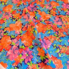 2.5 YD Vintage Impressionist Floral Fabric Cotton Orange Blue