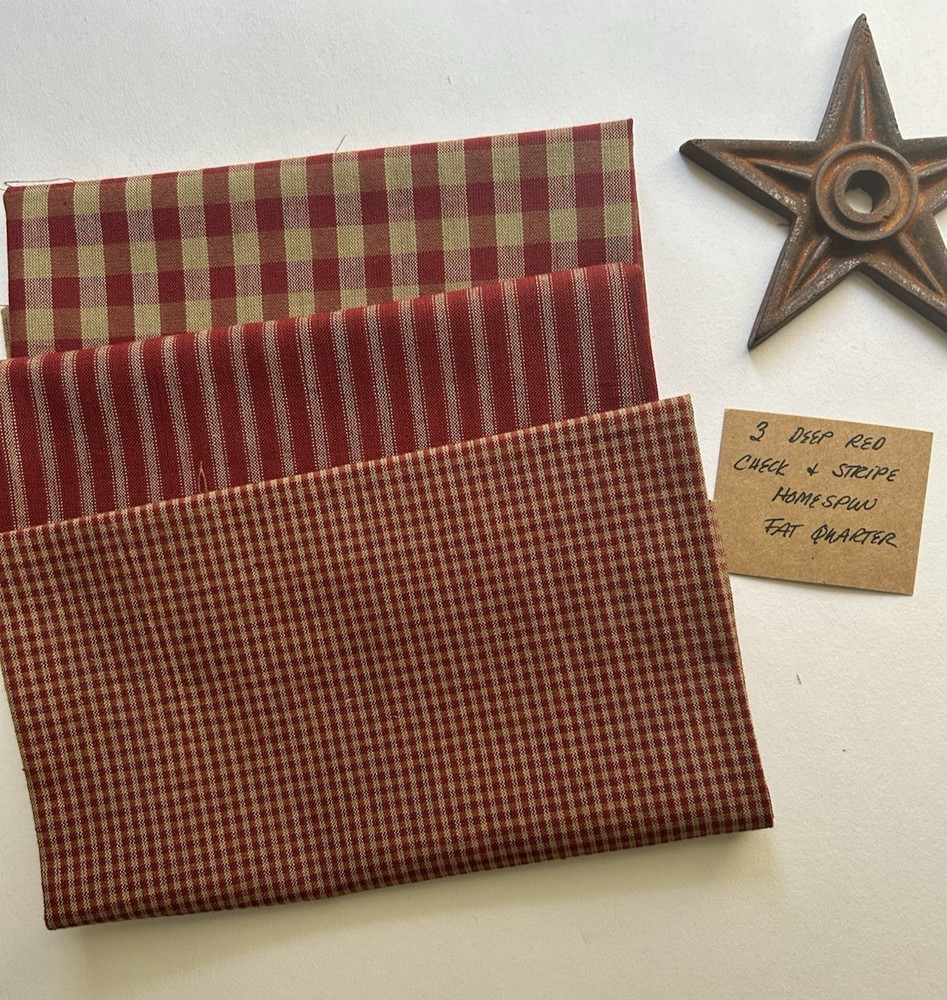 3 DEEP RED Check and Ticking Stripe Fat Quarters 100% Cotton Fabric