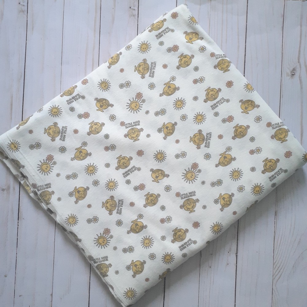 Vintage Little Miss Sunshine Knit Fabric White Yellow 65″ Wide 3 1/8 yards