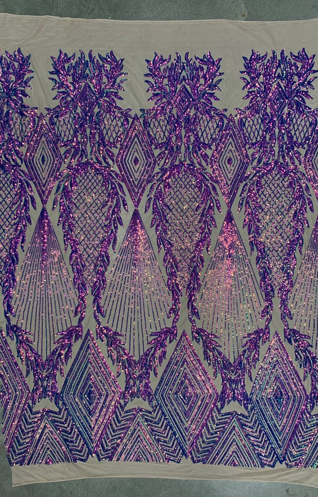Francesca IRIDESCENT PURPLE Vines and Diamonds Pattern Sequins on NUDE Mesh Lac