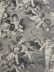 VTG Antique French Cherubs Damask Jacquard Interiors Fabric ~ Sage Olive Rare