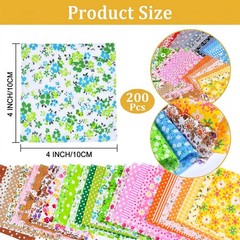 200 Pcs 4″ x 4″ (10cm x 10cm) Cotton Craft Fabric Bundle Squares, Pre-Cut Flo…