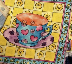 Quilt Print Cheater Fabric, 5”Gingham, Cottage. 13 Bright Tea Cup 6” Squares