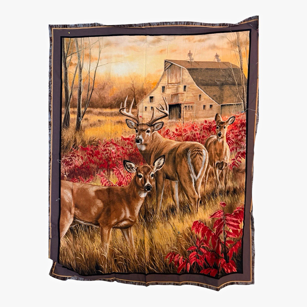 Deer & Barn Scenic Fabric Panel for Quilting & Crafts, Animal Theme 29 x 36
