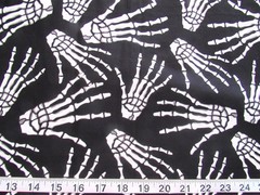 3 yd x 21″ (Salvage Cut) Cotton Fabric Black with White Skeleton Hands