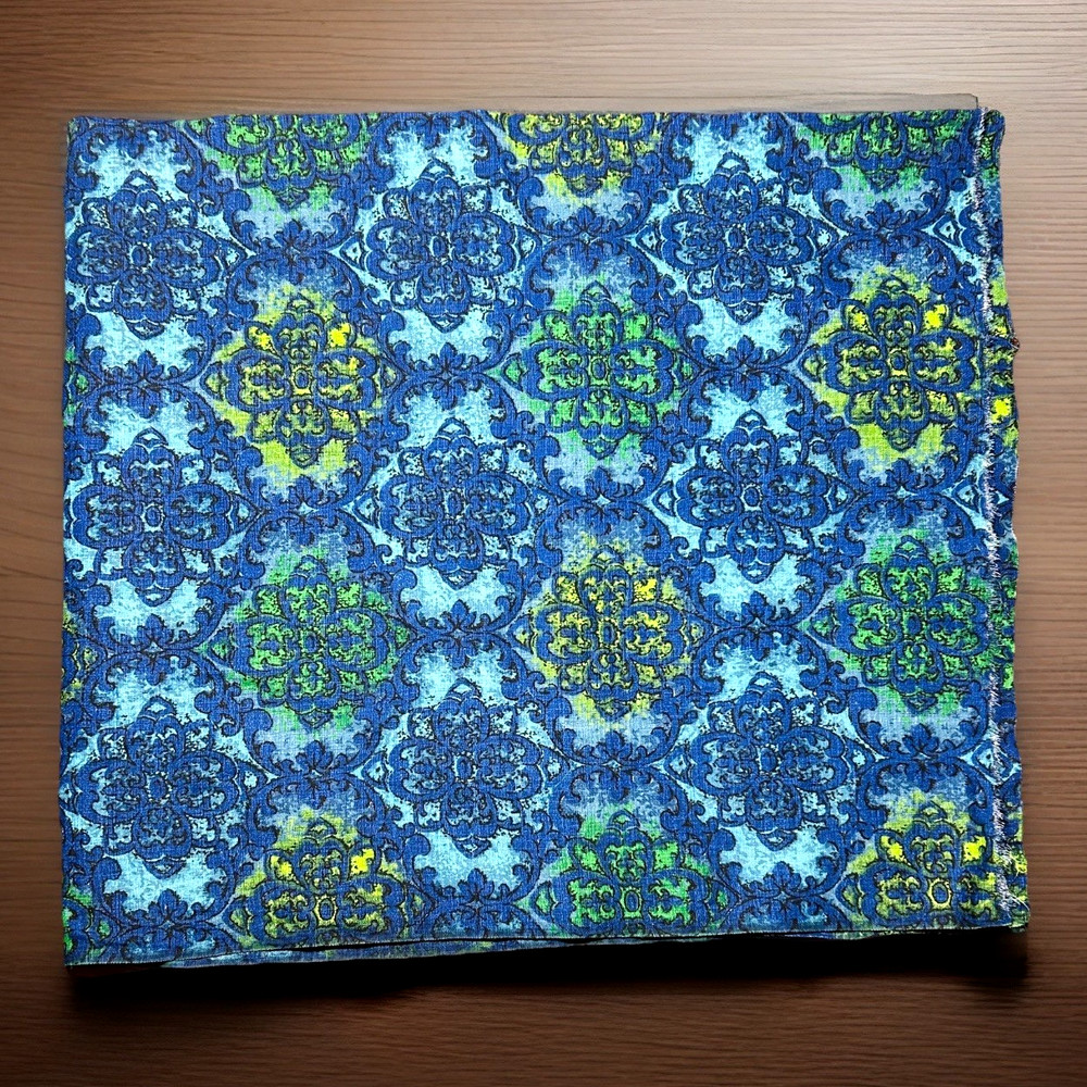 Vintage Fabric Blue Green Mid Century Retro Medallion Weave Barkcloth 42” Square