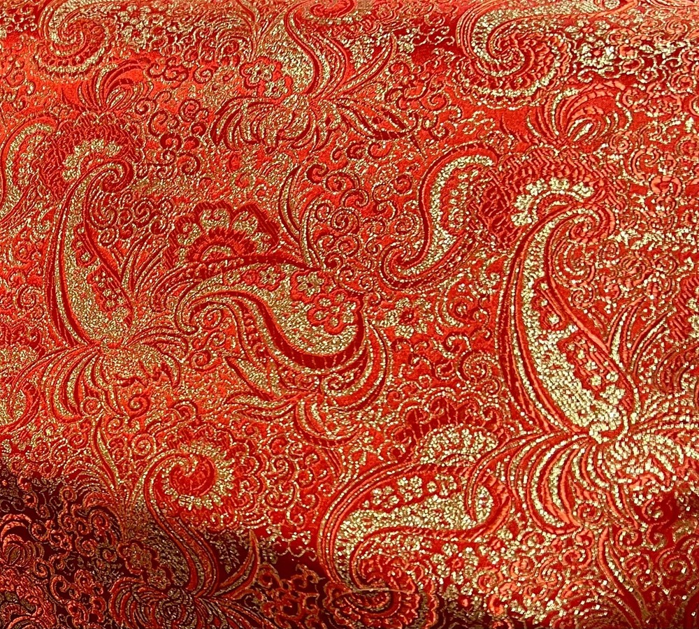 RED GOLD Paisley Metallic Brocade Fabric 60” Sold By The Yard