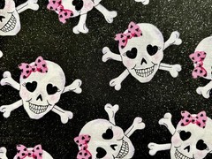 VTG 2008 Girly Skulls on Black, Pink Bow and Silver Glitter – 1 YD 14” x 44”