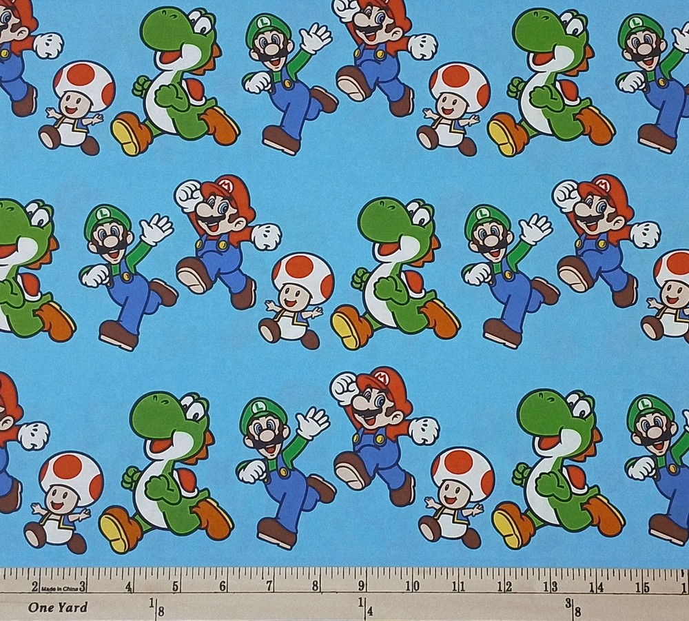 Cotton Super Mario Friends Jump Videogames Blue Fabric Print by Yard D601.25