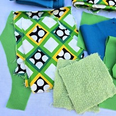Vintage Fabric Scrap LOT Lime Green Wool Blue Mid Century Mod Aunt Leo D5