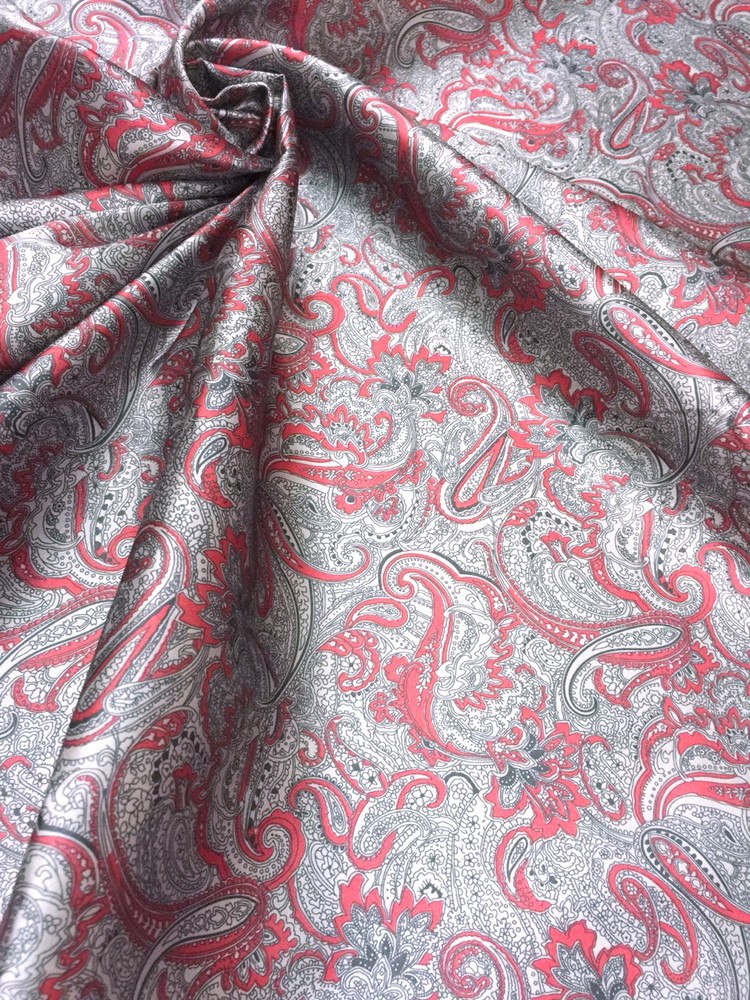 Paisley Print NON-STATIC Viscose Satin Feel Material Fabric BTY – Burgundy Ivory