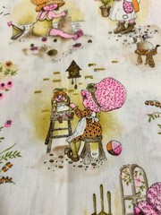 Vtg 70s Manes Cotton Blend Fabric Holly Hobbie Style Girls Pink Orange 2 Yds