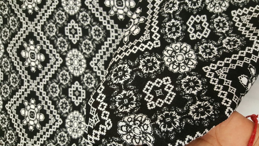 Rayon Challis Crepe Fabric By The Yard Black White Geometric Floral Pattern