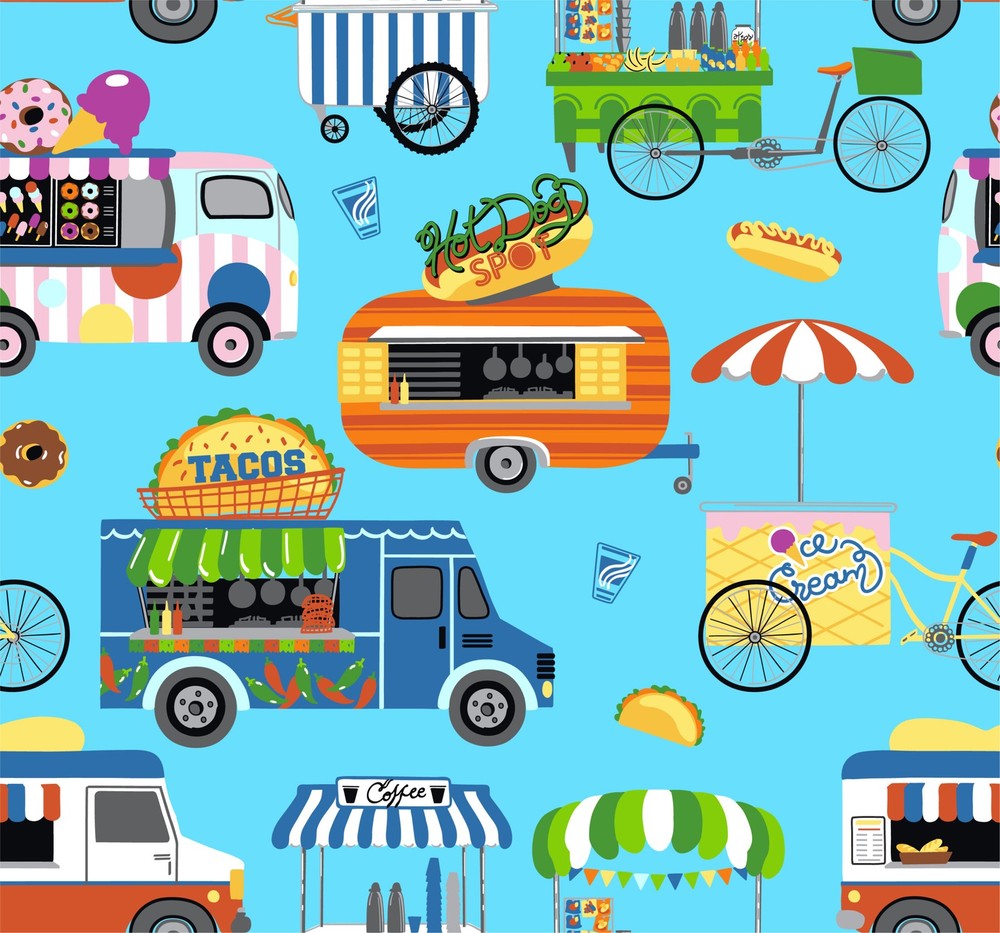 Food Fabric | Snacks It’s Snacktime Trucks Blue | Freckle + Lollie YARD