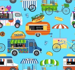 Food Fabric | Snacks It’s Snacktime Trucks Blue | Freckle + Lollie YARD