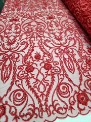 Red Beaded Lace Embroidery Fabric By The Damask Pattern Luxury Lace Victorian