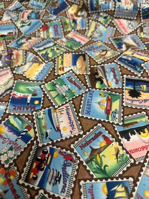 Travel Postage Stamp Cotton Fabric 3/8 Yard States Scenic Print Quilting