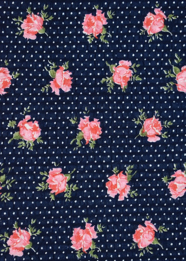 Vintage Plisse Fabric Navy Blue Pink Rose Polka Dot Textured Cotton 39″ Wide
