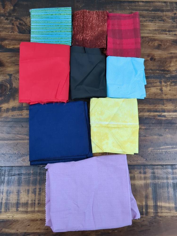 Lot of 9 Fabric Pieces, solid colors, abstract, stripes, multicolor