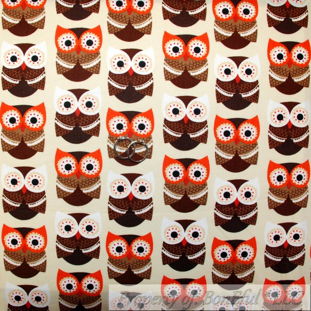 BonEful Fabric FQ Cotton Quilt Brown White Cream Orange OWL Bird B&W Dot Fall US