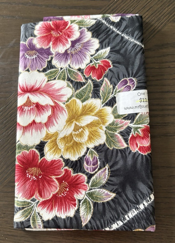 Kokka Japan Cotton Fabric 1 Yd – Vivid Peonies & Mums Black Gold Metallic Accent