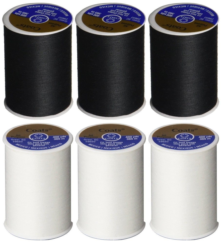 6 Pack Bundle – (3 Black + 3 White) – Coats & Clark Dual Duty 6 Pack,