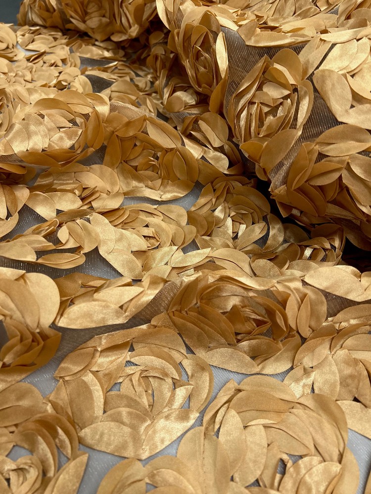 Maci CHAMPAGNE GOLD 3D Floral Polyester Satin Rosette on Mesh Fabric by the Yar